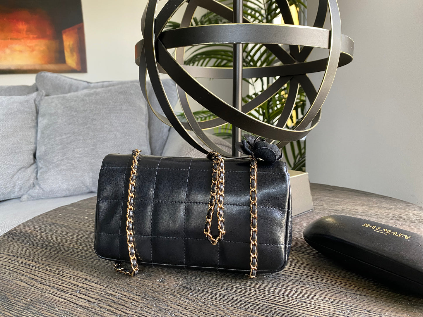 CHANEL Choco Bar Camellia CC Logo Lambskin Chain shoulder bag