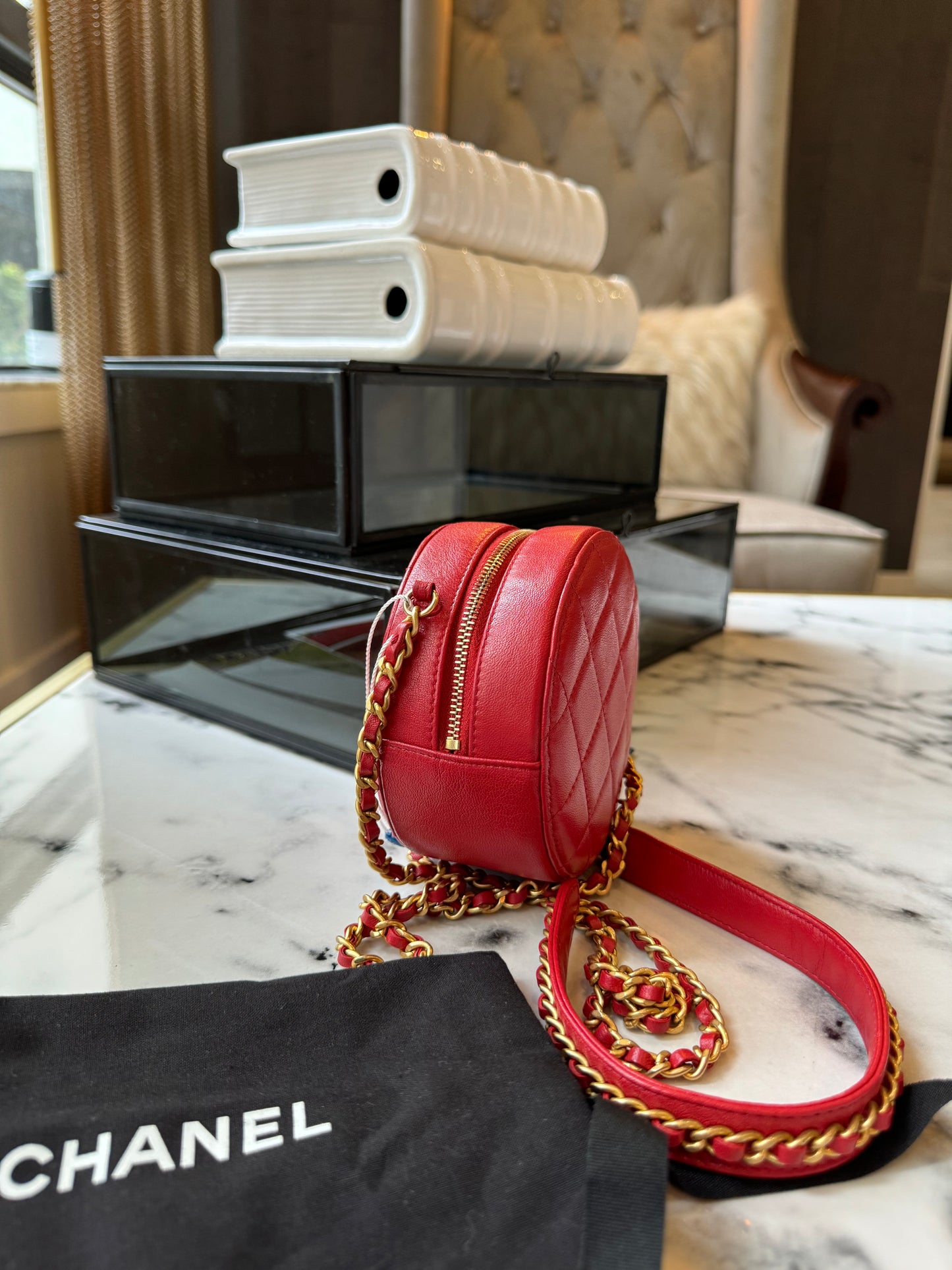 Chanel Red Quilted Lambskin Round Shoulder Bag With Gold Chain 2019