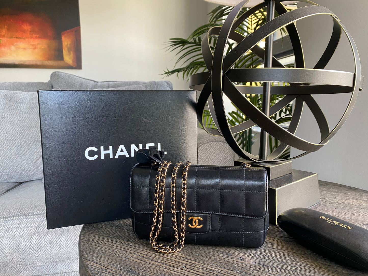 CHANEL Choco Bar Camellia CC Logo Lambskin Chain shoulder bag
