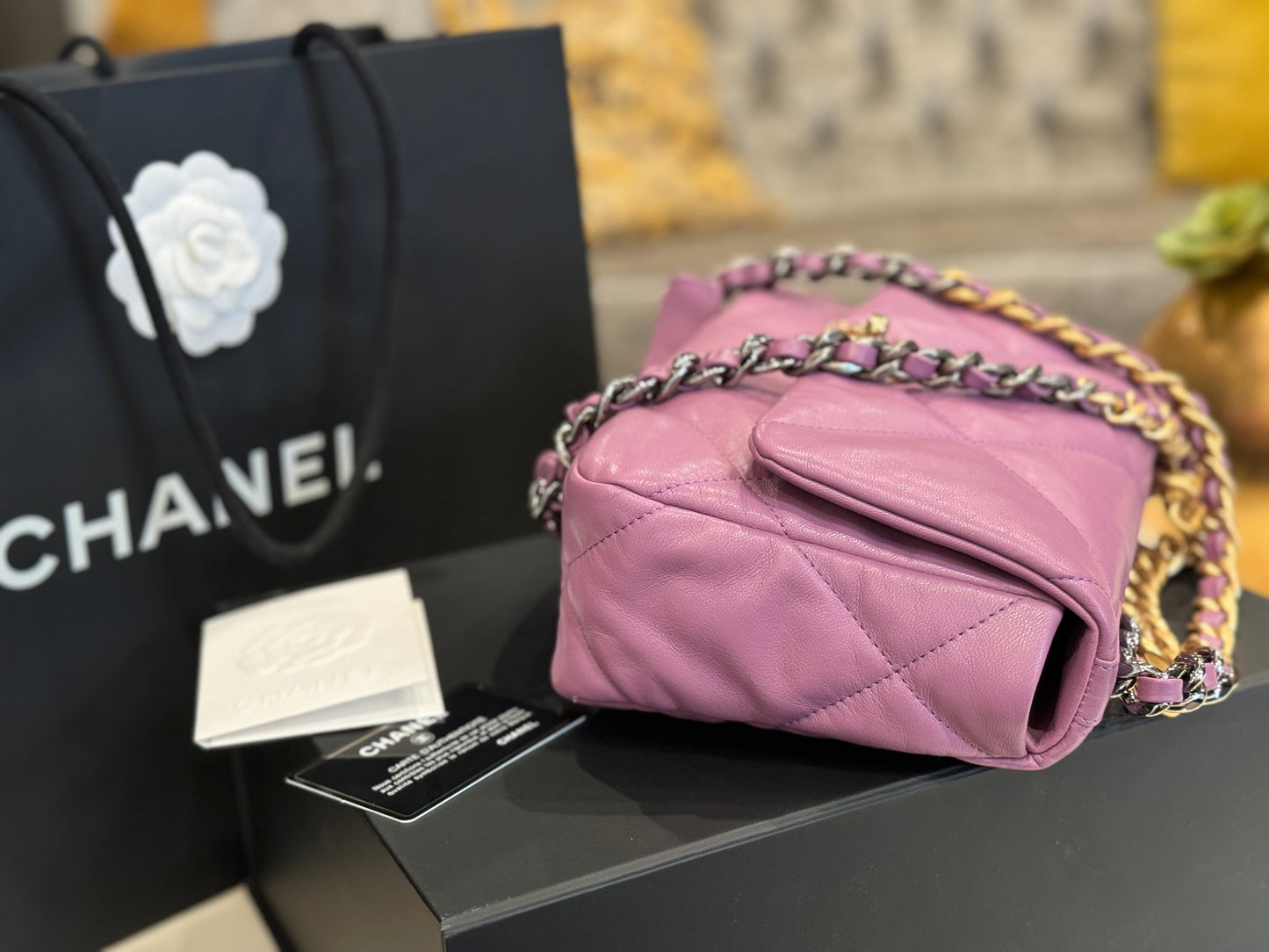 Chanel 19 20B Lavender Mauve Medium Flap Bag 26cm Quilted Lambskin Ruthenium