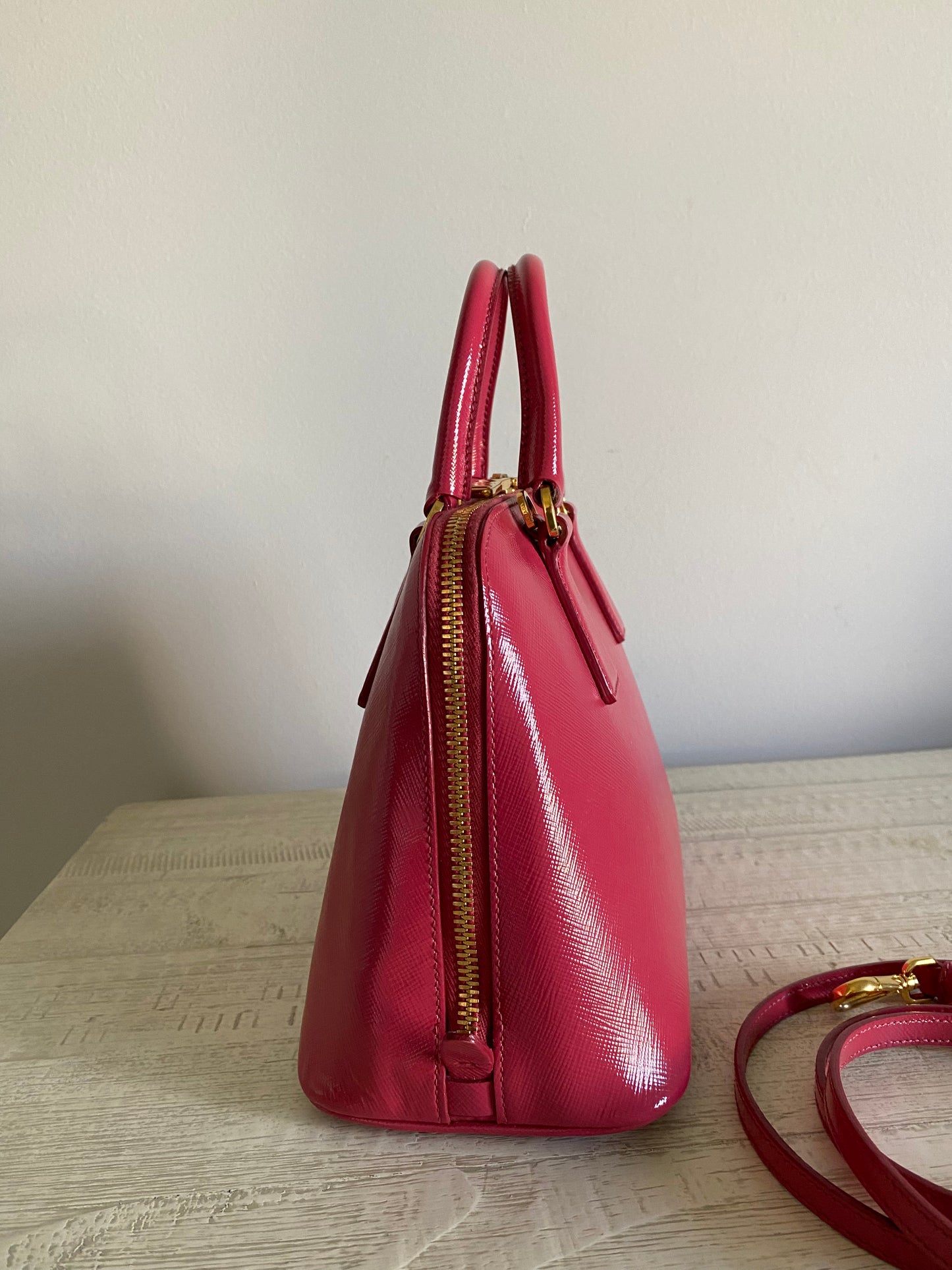 MSRP $2700 Prada Promenade Small Saffiano Vernice Shoulder Bag Color - Peonia
