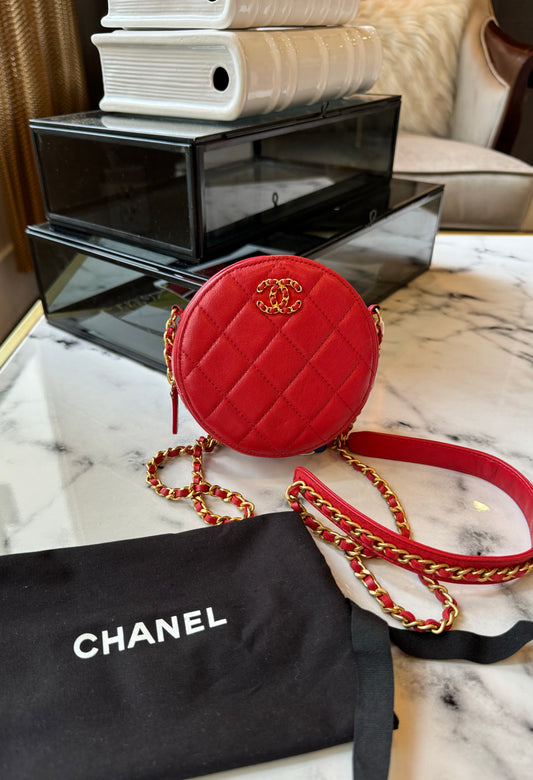 Chanel Red Quilted Lambskin Round Shoulder Bag With Gold Chain 2019