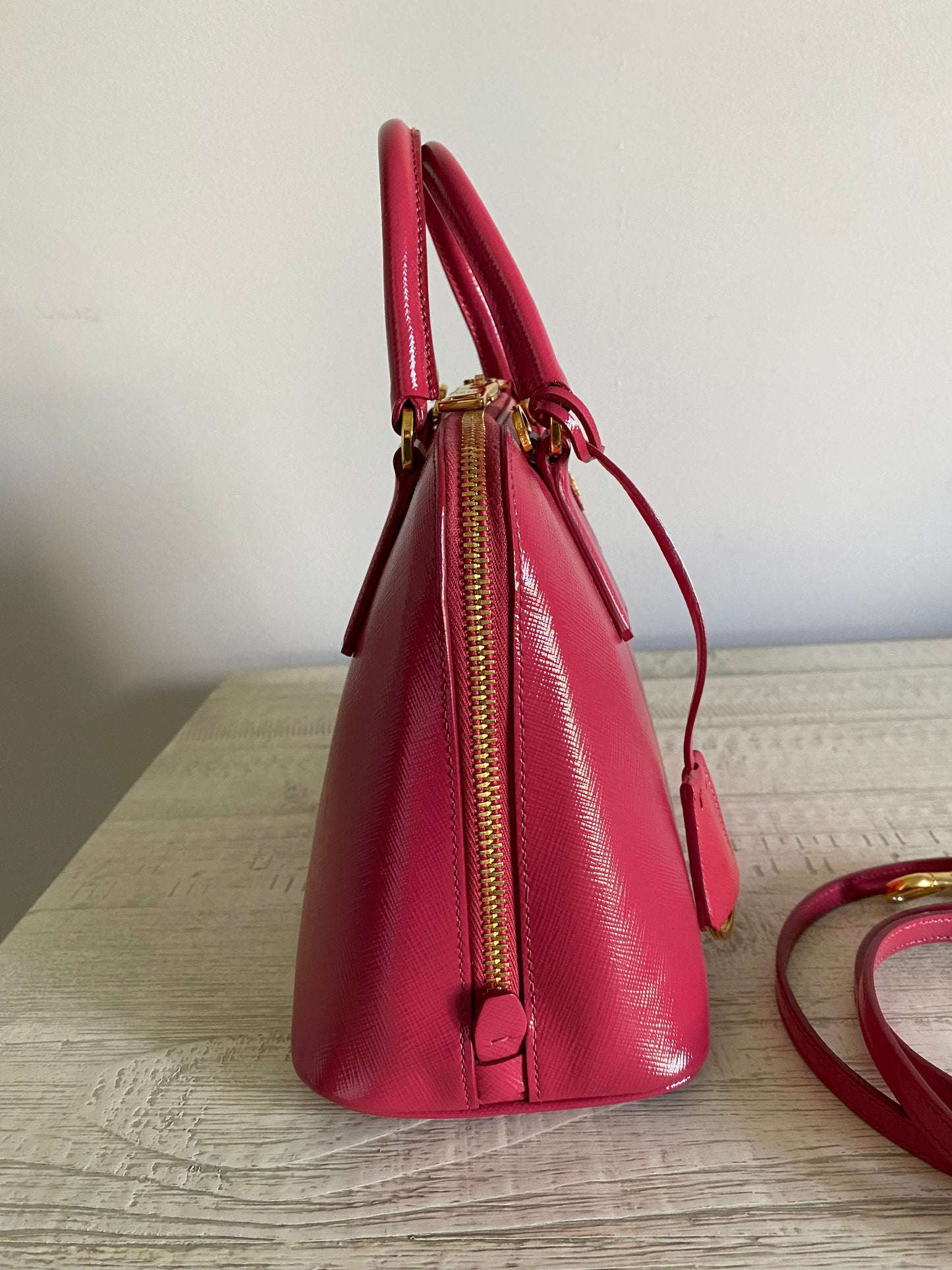 MSRP $2700 Prada Promenade Small Saffiano Vernice Shoulder Bag Color - Peonia