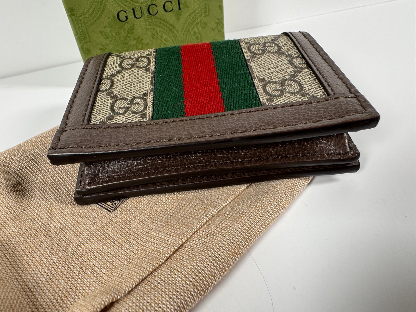 GUCCI Ophidia GG Logo PVC Bifold Wallet Beige