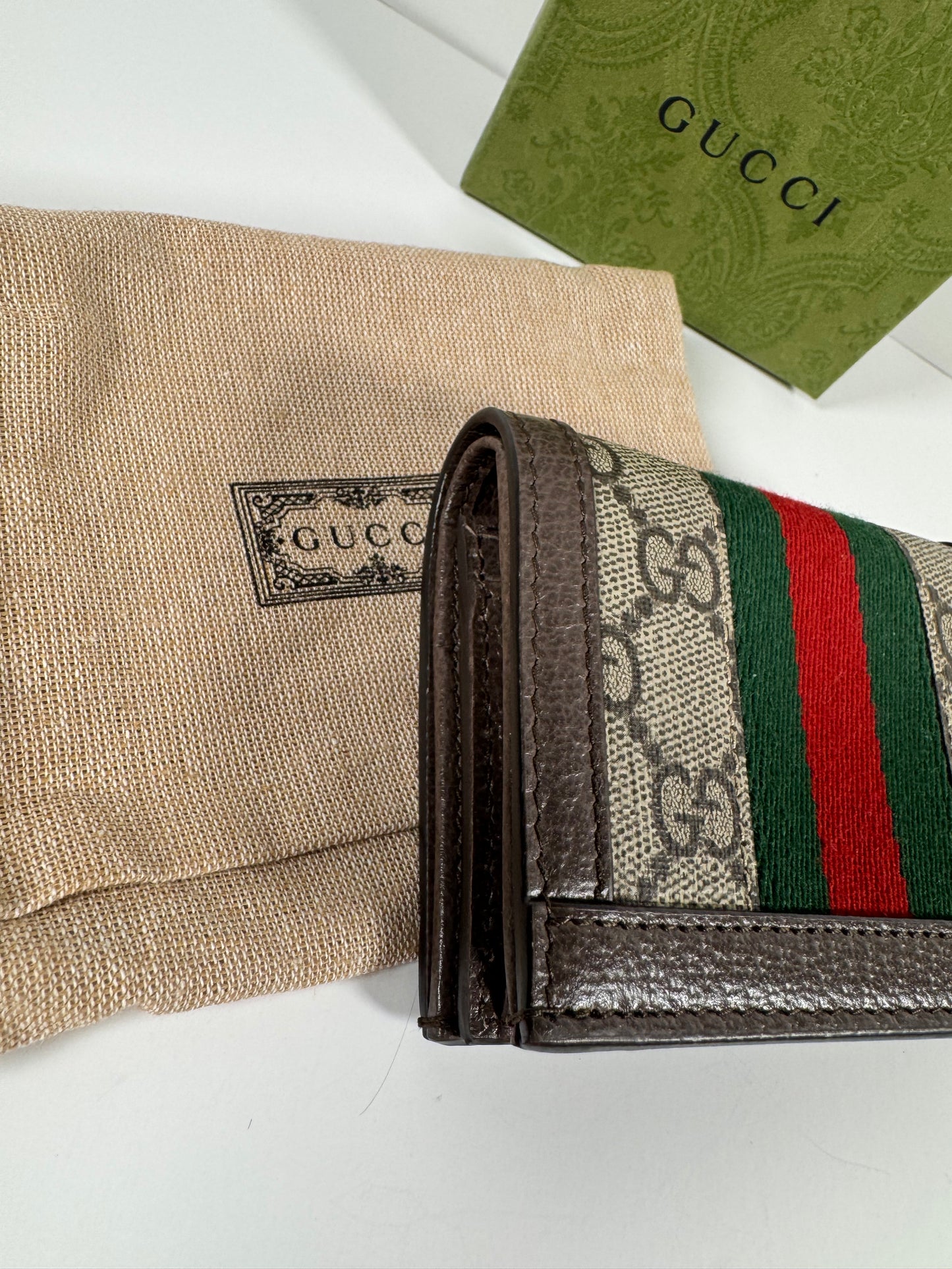 GUCCI Ophidia GG Logo PVC Bifold Wallet Beige