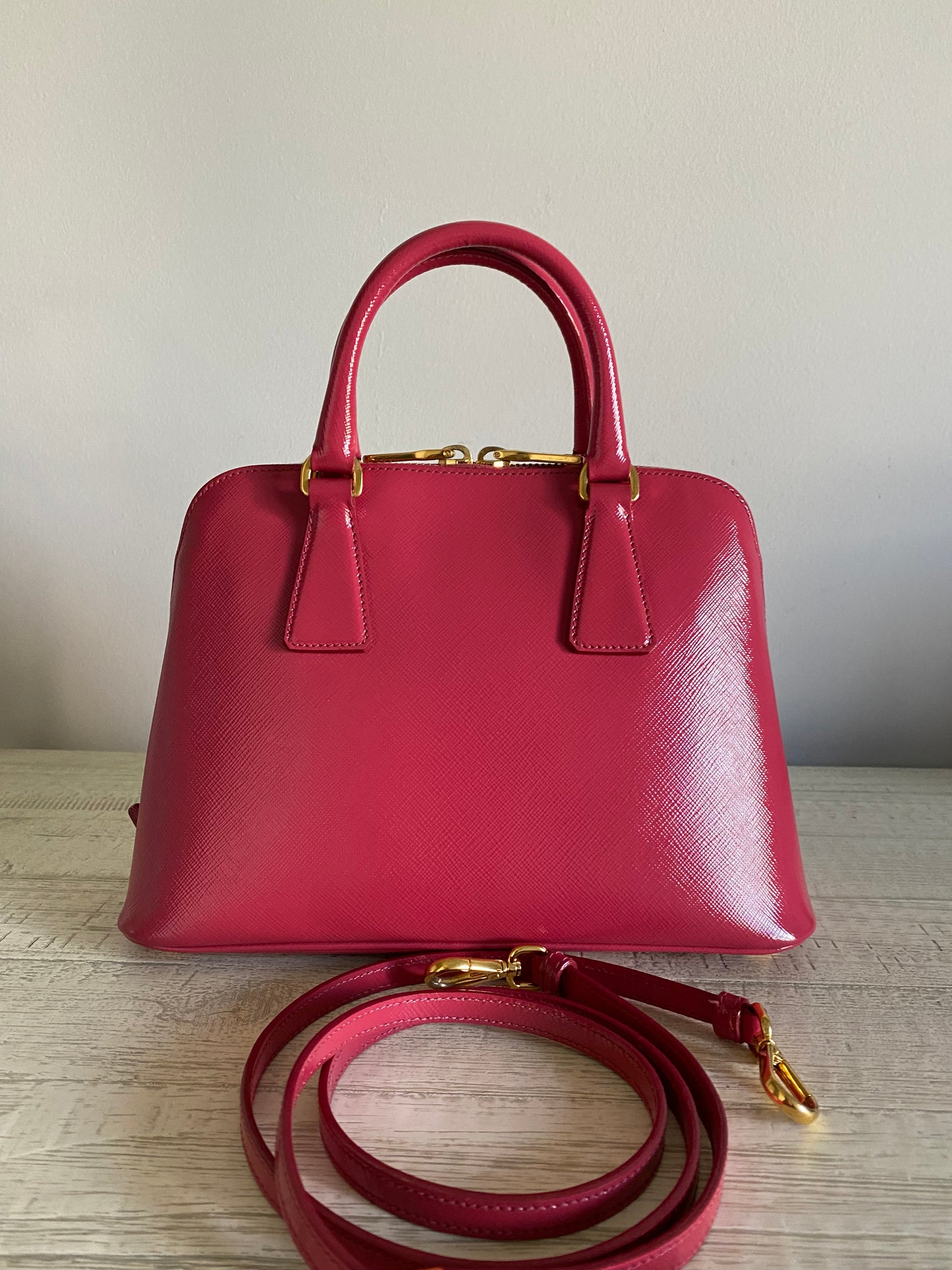 MSRP $2700 Prada Promenade Small Saffiano Vernice Shoulder Bag Color - Peonia