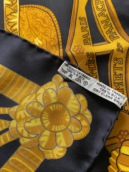 Authentic HERMES Scarf "ARMETS en PANACHE" 100% Silk Black Gold Mint