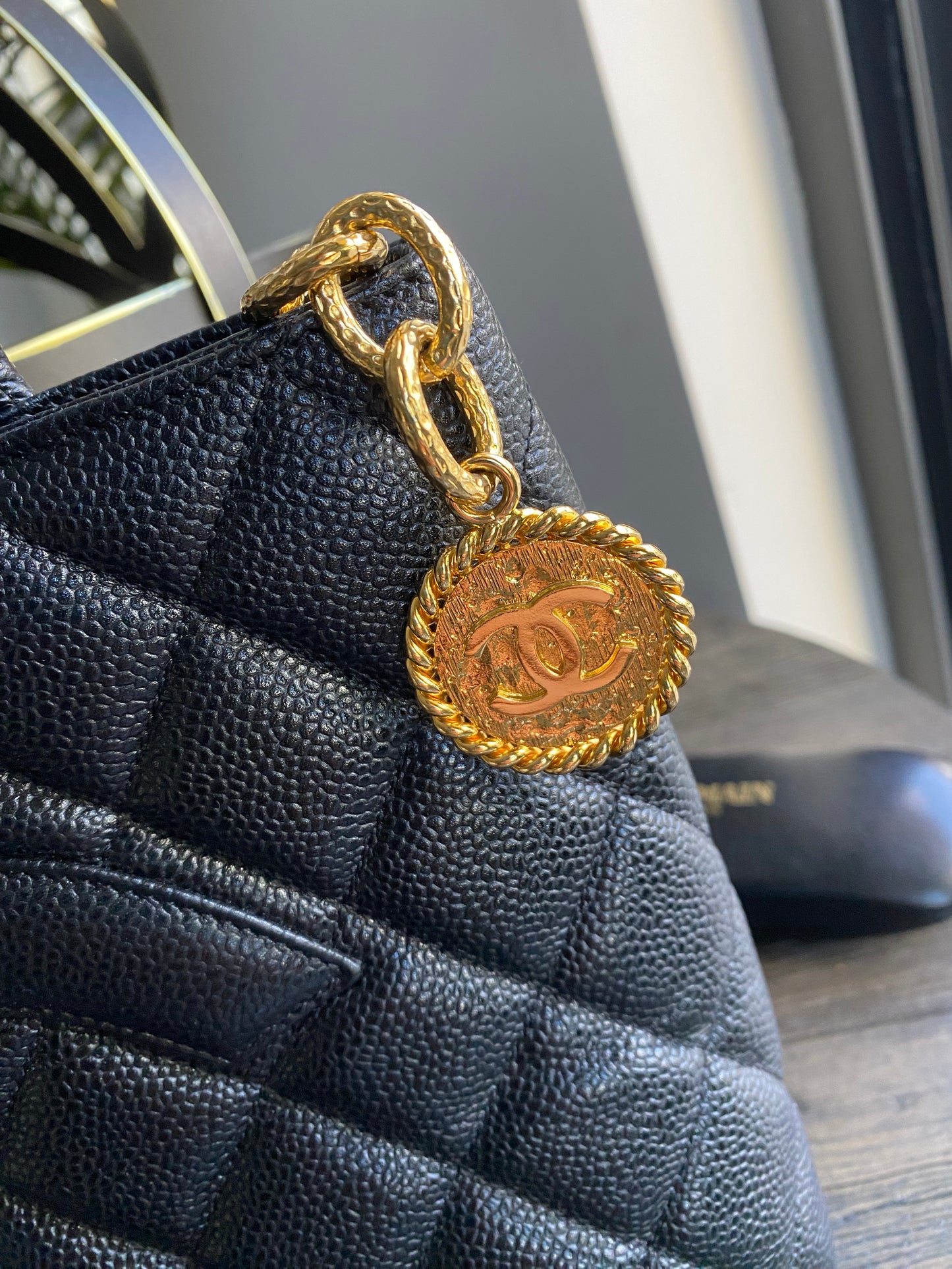 Chanel Classic Gold Medallion CC Logo Quilted Black Caviar Skin Tote Bag