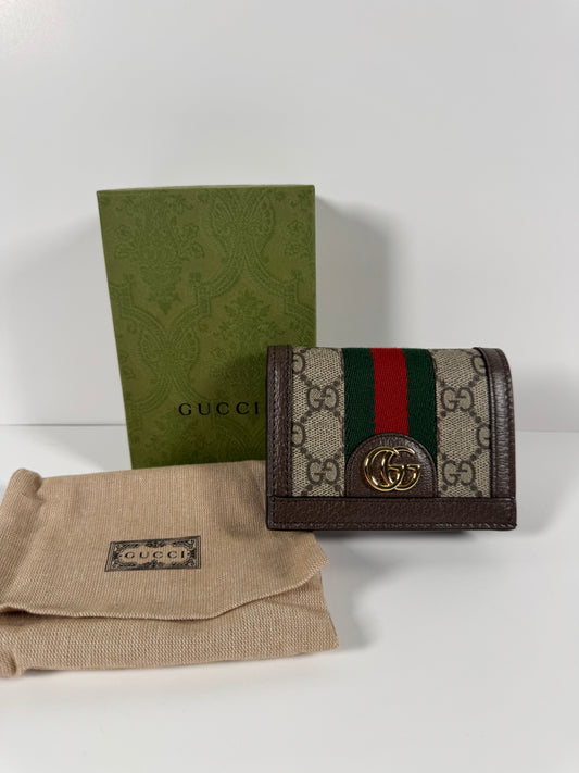 GUCCI Ophidia GG Logo PVC Bifold Wallet Beige