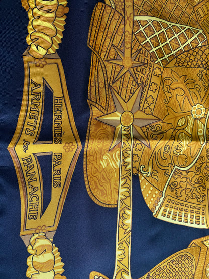 Authentic HERMES Scarf "ARMETS en PANACHE" 100% Silk Black Gold Mint