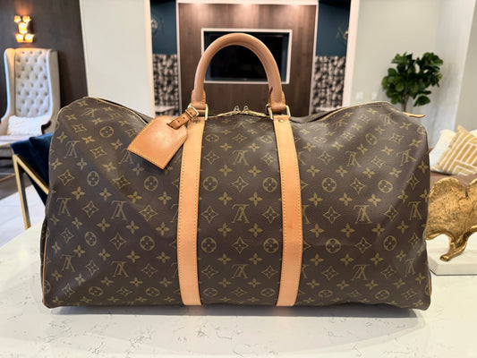 Louis Vuitton Keepall 55 Boston Duffle Travel Bag Brown Canvas