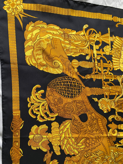 Authentic HERMES Scarf "ARMETS en PANACHE" 100% Silk Black Gold Mint
